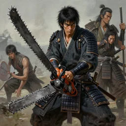 concept art of samurai with chainsaw, highly detailed painting by dustin nguyen, akihiko yoshida, greg tocchini, greg rutkowski, cliff chiang, 4 k resolution, trending on artstation, 8 k