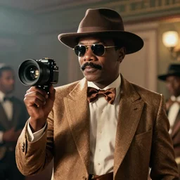 a film still of Samuel L. Jackson dressed as a Pimp in a 1970s Blaxploitation film, 40mm lens, shallow depth of field, split lighting, cinematic