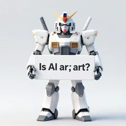 A mecha robot holding a sign that reads: 'Is AI art, art?