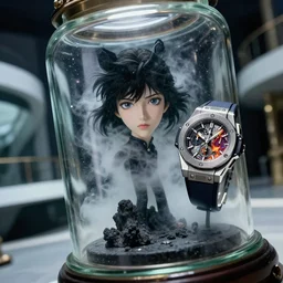 cinestill 5 0 d, 8 k, j. j abrams flare ; esoteric hublot timepiece in ana meets ran ( 1 9 9 0 ) film still underwater scene in frontiers in glass plastic photography fashion magazine june seinen manga portrait edition, hyperrealistic real - life seinen manga shaped mist occult figurine in victorian glass jar, releve pose, perfect eyes, tilt shift wide shot zaha hadid background