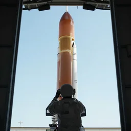 acrophobic view medium shot, hanging on the top of a nasa rocket
