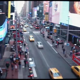 cctv footage of times square, high angle security camera feed, blurry and glitchy,