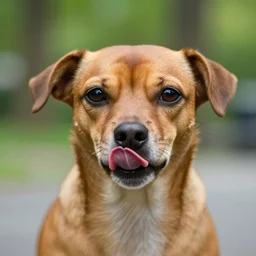 closeup potrait of a small brown dog licking its nose in central park, natural light, sharp, detailed face, magazine, press, photo, Steve McCurry, David Lazar, Canon, Nikon, focus