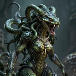 Medusa, fantasy horror art, hissing scream, fangs, snakes for hair, scaly, detailed fantasy render, 8k, unreal engine with DLSS