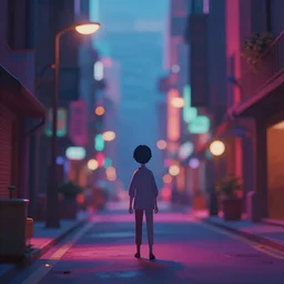 city streets. award - winning 3 d anime by an indie studio, heavily stylized, rimlighting, depth of field, limited but vibrant palette, impressionism, chiaroscuro, bokeh.
