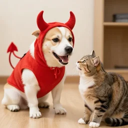 Dog dressed in a devil costume barking at cat