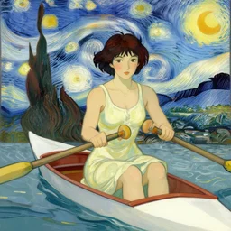 woman rowing a boat with short dark hair by ayami kojima, van gogh, alphonse mucha, artstation, digital art