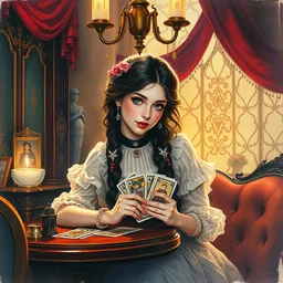highly detailed watercolor, beautiful girl dealing tarot cards, victorian parlor, nostalgia for a fairytale, magic realism, vivid colors, by charles vess, anato finnstark, cinematic lighting, beautiful face by leyendecker
