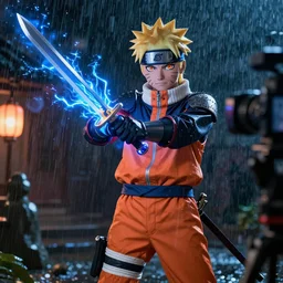 ultra realistic naruto as a medieval knight staying in the rain with sword that glows with blue electricity shot from professional camera, rim light, rainy weather, vivid lights night time