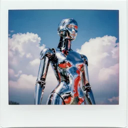 analog polaroid photograph of a chrome female robot, sheen, red reflections, unreal engine, azure sky, big clouds visible, sunlight, reflection, sparkles, lensflare, film grain, depth of field, color bleed