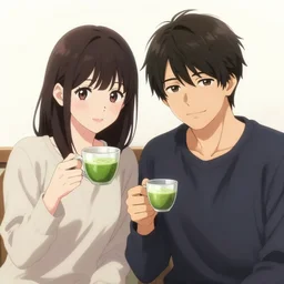 gorgeous rina and handsome beautiful young man in his 2 0 s with short dark hair holding a teacup with matcha by ayami kojima