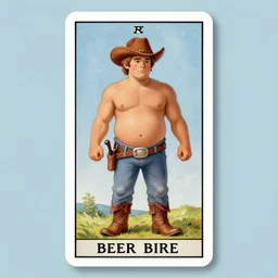 an ethereal, serene tarot card painting of a shirtless handsome goofy cowboy with a stocky build and beer belly | background is a serene campfire | cans of beans and jugs of whisky | tarot card, art deco, art nouveau | by Mark Maggiori | trending on artstation