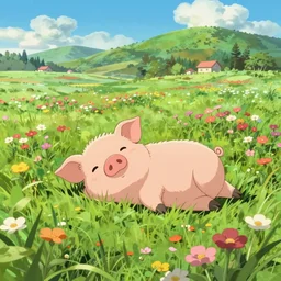 cute and adorable piglet resting on a beautiful flower valley by makoto shinkai, summer, studio ghibli, hayao miyazaki, takashi takeuchi, akihiko yoshida, funimation, key anime visual, anime poster, 8 k, highly detailed, rendered, concept art, wide angle, trending on artstation, pixiv daily ranking