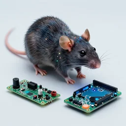 a biohacked rat with leds, button potenciometers, display, circuit board, arduino, diy, biohacking, xenomorphic