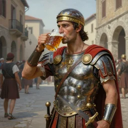 a highly detailed matte portrait painting of a roman gladiator drinking a mug of mead on a roman street holding a sword, 1 0 0 ad, in the style of greg rutkowski and remedios varo, ultra realistic, detailed, intricate, full of color, 4 k, hyperrealistic, focused, extreme details, masterpiece