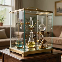 cannabis science experiment in controlled environment in someone's lounge room, luxury beakers and steampunk equipment, caustics, glassware, natural sunlight, cinematic, octane render 8 k trending on artstation