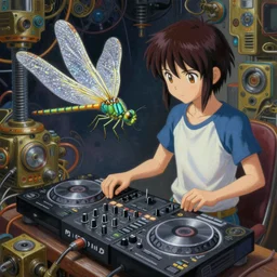 surreal gouache painting, by yoshitaka amano, by ruan jia, by Conrad roset, by good smile company, detailed anime 3d render of a magical Dragonfly  flying on a DJ Mixer, deck, mpc, portrait, cgsociety, artstation, rococo mechanical and electronic, dieselpunk atmosphere
