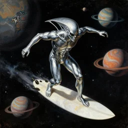 alien silver surfer surfing by planets in space. action shot. pulp sci - fi art for omni magazine. high contrast. baroque period, oil on canvas. renaissance masterpiece.