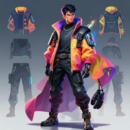 a man wearing colorful cyperpunk techwear, detailed digital art style, dynamic lighting, character sheet