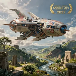 massive epic solarpunk alien mecha made of tribal intricate design cyber mechanical dynamic skyship jetpack air vehicle flying near a hillside creek grove ancient stone ruins, alphonse mucha, xenogears, star ocean, shinkai ultra detail
