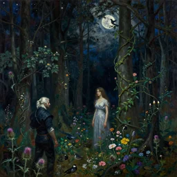 painterly dreamy dark forest with trees, flowers, birds, barely seen women, liana, thistle and midnight sky with moon and stars by Mikhail Vrubel, Alexei Savrasov, Aron Wiesenfeld, dark fantasy, witcher, very detailed oil painting in the alla prima style, masterpiece, 8k