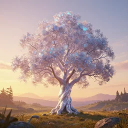 an enchanted shimmering iridescent tree in the middle of a stunning fantasy landscape during sunset, golden hour, soft illumination, by daniel conway, greg rutkowski and andreas rocha, highly detailed, fantasy, concept art, trending on artstation, clear illustration, beautiful digital art