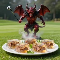 4 5 mm 1 9 7 7 cookbook photography of a meat aspic on a golf course summoning a demon, photography by tyler mitchell johfra bosschart