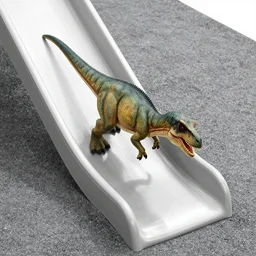 dinosaur falling on a slide of mattres