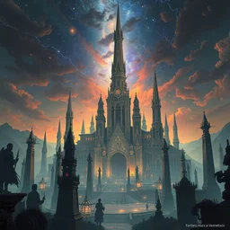 an concept art of the ancient eldritch city, surrounded by monumental obelisks, lovercraft, intricate details, detailed sky, detailed structures, starry night, artstation, epic scenery, colourful light, cinematic, by kentaro miura and vasnetsov