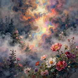 an intricate watercolour of dreams, blossom, flowers, lights, colored smoke, prismatic, cinematic dream sequence, hazy, mists clouds, soft focus, artstaion