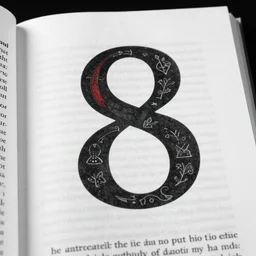 ancient religious text with the number 8 and a red river. Black and white photo from archived text book.