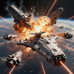 a big space batlle, gigantic space ships, destroyers, laser, explsions, dramtic, 8 k