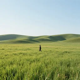 a landscape with a person walking across a field, in the style of Midjourney
