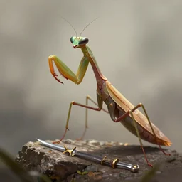 an anthropomorphic praying mantis with a dagger and rapier, lurking in search of prey, ultra detailed, 8 k, trending on artstation, award - winning art,