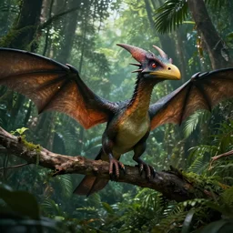 hyperrealistic mixed media image of a pterodactyl perched on a branch in the jungle, stunning 3 d render inspired art by xiang duan and thomas eakes, perfect symmetry, realistic, highly detailed attributes and atmosphere, dim volumetric cinematic lighting, 8 k octane extremely hyper - detailed render, post - processing, masterpiece,