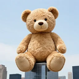 a composite photograph of a teddy bear larger than a skyscraper in manhattan, with the teddybear standing up between the buildings