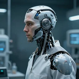 a laboratory operator man with cybernetic enhancements seen from the chest up, halfbody headshot, scifi character portrait by greg rutkowski, craig mullins, daytoner, cinematic lighting, dystopian scifi gear, profile picture, mechanical, cyborg, half robot