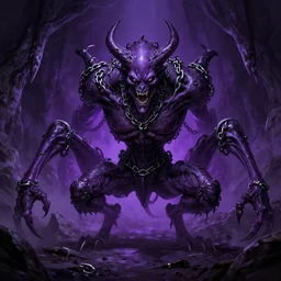 brutal monster, quadrupedal, covered in chains, angry, demonic, horror, death, cave background, gloom purple,, shapely, extremely detailed, smooth, sharp focus, digital illustration, by artgerm, rossdraws, sakimichan