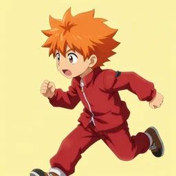 orange - haired anime boy, 1 7 - year - old anime boy with wild spiky hair, wearing red jacket, running through red yellow blue building, strong lighting, strong shadows, vivid hues, ultra - realistic, sharp details, subsurface scattering, intricate details, hd anime, 2 0 1 9 anime