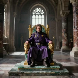 Wide shot of a dark long Romanesque marble-hall, volumetric sunlight shining through ornate windows, at the end of the hall is a single throne made of green quartz and gold with arm-rests shaped like lions, Christopher Walken as Emperor Shaddam IV (Dune) is sitting on the throne, Christopher Walken is wearing ornate Tyrian-purple regal leather uniform with two lion-pins made of gold, dark atmospheric lighting, highly detailed, cinematography by Ridley Scott