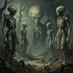alien landscape with eerie god statues, painted by beksinski, 4 k, intricate details, unreal engine, dynamic lighting