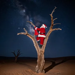 santa climbing a dead tree in the dessert, galaxy in background, night time, realistic