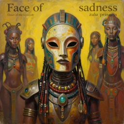 Afrofuturism, a zulu voodoo mask helmet bot borderland that looks like it is from Borderlands, portrait painting titled 'Face of sadness' description 'Order of the occult zulu princess' portrait, character design by Feng Zhu and Loish and Laurie Greasley, Victo Ngai, Andreas Rocha, John Harris