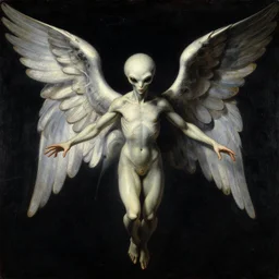 an alien angel in space, with abstract wings and arms outstretched. pulp sci - fi art for omni magazine. high contrast. baroque period, oil on canvas. renaissance masterpiece. trending on artstation. retrofuturism