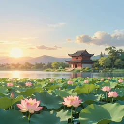 a serene landscape with singular building near a lake with lotus at sunrise, pixar style, ghibli studio anime style, 8 k, hdr, octane render, unreal engine 5
