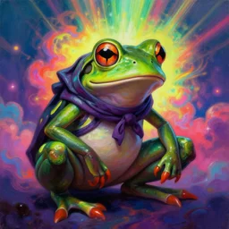 anthropomorphic mutant ninja frog 🐸, [ style ] [ oil painting ] [ palate ] [ vibrant gothic colors ], vibrant neon nebulous clouds, radiant light rays, photorealistic painting, intricate and fine details, volumetric lighting, artstation,