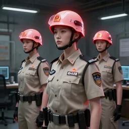 pale security officers in beige uniforms and helmets with glowing red aura in a brutalist office setting trending on artstation digital painting 4 k sharp