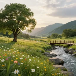 A flowery meadow with a large tree in the left and a river on the right with rocky sides, a wooden bridge on the right and realistic mountains in the background, a slightly overcast sky at sunrise. ultra realistic, matte painting, concept art, 4k, trending on artstation, octane render, wide lens. Summer.