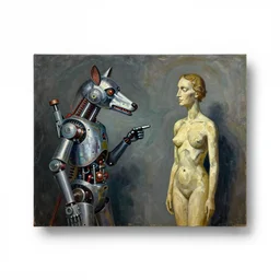 Oil painting by Dali. Two mechanical gods with animal faces having a conversation. Oil painting by Hans Bellmer.