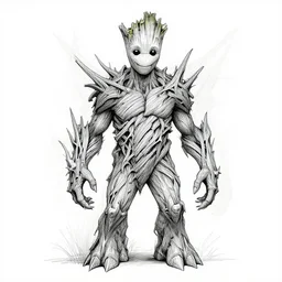 symmetry concpet art, full shot, traditional ink, sketch, of groot, line sketch, intricate, elegant, highly detailed, monochrome, digital painting, artstation, concept art, sharp focus, illustration, art by borderlands 3 and peter polach